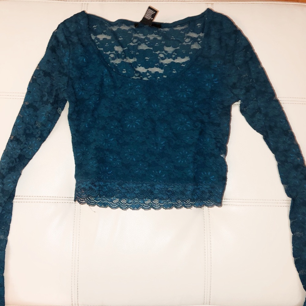 Forever 21 Teal Lace Long Sleeve Crop Top